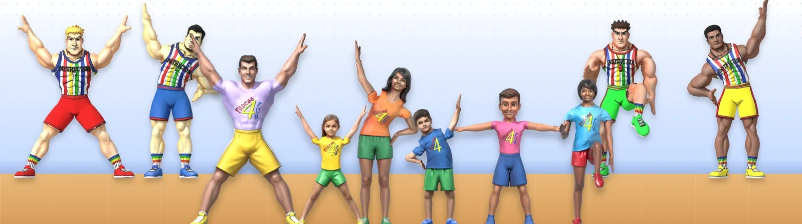 The Fitness 4 Fun family and Fitness Instructors doing jumping jacks, side bends and knee lifts